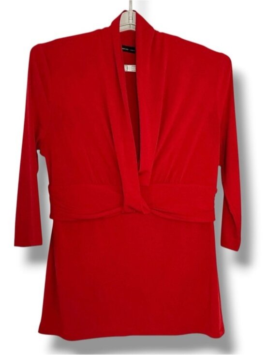 New York & Company Tops - New York & Company Top Blouse Draped Waist Deep V Neck 3/4 Sleeve Tunic Red XL